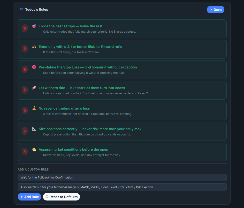 TheSpeculatorsJournal discipline checklist in edit mode with add rule form visible