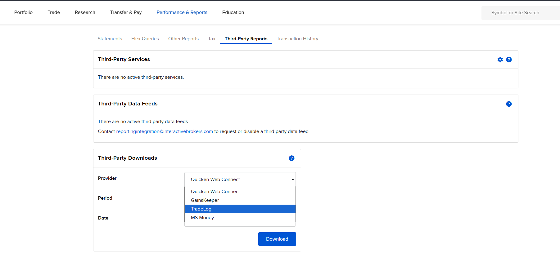 IBKR Third-Party Downloads with TradeLog selected as provider