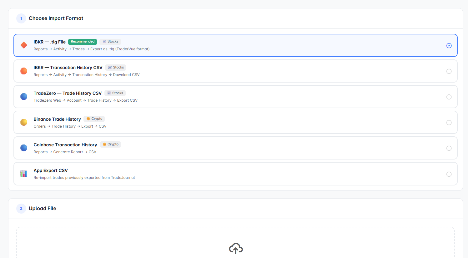 TheSpeculatorsJournal import format selection screen with IBKR .tlg selected