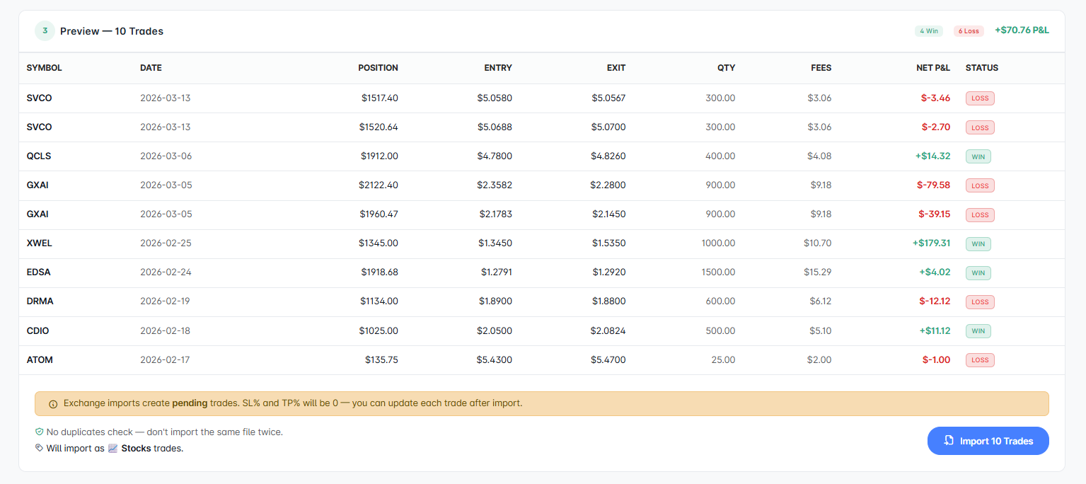 TheSpeculatorsJournal import preview showing 10 trades with P&L